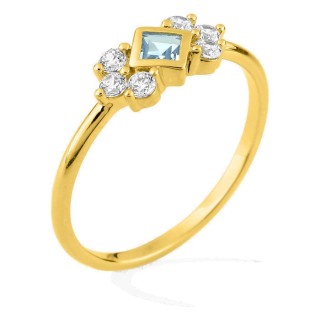 Anel banhado a ouro com zircónia azul-céu lapidação princesa e zircónias brancas