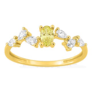 Anel em ouro amarelo 9K com diamantes criados brancos e amarelos 0,50 ct