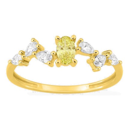 Anel em ouro amarelo 9K com diamantes criados brancos e amarelos 0,50 ct