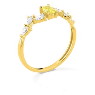 Anel em ouro amarelo 9K com diamantes criados brancos e amarelos 0,50 ct