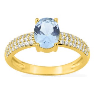 Anillo chapado en oro con circonitas blancas y circonita ovalada azul cielo 8x6 mm