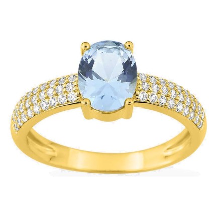 Anel banhado a ouro com zircónias brancas e zircónia oval azul-céu 8x6 mm