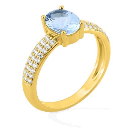 Anel banhado a ouro com zircónias brancas e zircónia oval azul-céu 8x6 mm