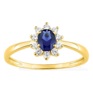 Anillo solitario acompañado flor chapado en oro con circonita azul oscuro