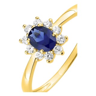 Anel solitário acompanhado flor banhado a ouro com zircónia azul-escura