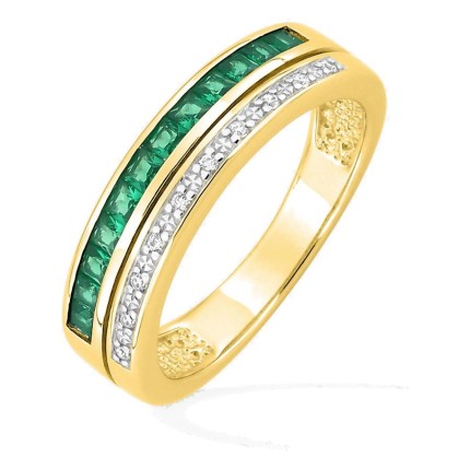 Anel de fantasia banhado a ouro e ródio com zircónias verdes e brancas