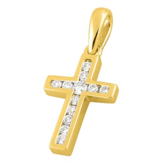 Pendente cruz em ouro amarelo 18K com diamantes 0,11 ct 12 x 8 mm
