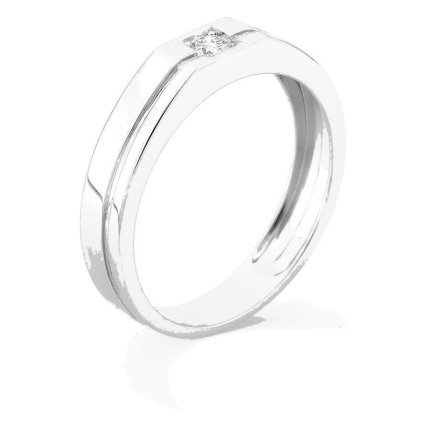 Anillo de oro blanco 9K con diamante creado 0,10 ct y aro grueso