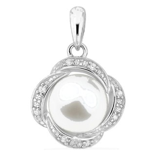 Pendente em prata de lei 925 ródiada com pérola de imitação de 8 mm e zircónias