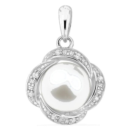 Pendente em prata de lei 925 ródiada com pérola de imitação de 8 mm e zircónias