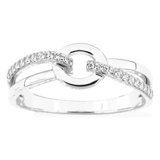 Anillo de plata de ley 925 rodiada con aros entrelazados y círculo calado con circonitas