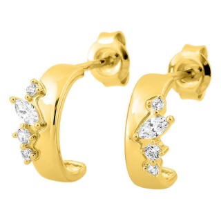Brincos meia argola banhados a ouro com zircónias lapidação princesa e redondas