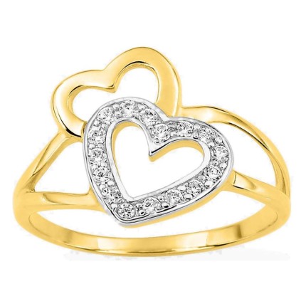 Anel banhado a ouro duplo coração com zircónia branca