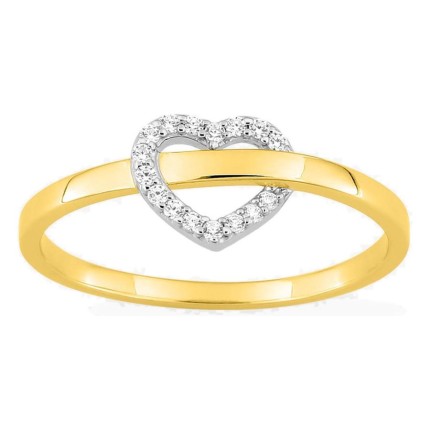 Anillo bañado en oro amarillo y rodio con corazón en oro blanco y circonitas blancas
