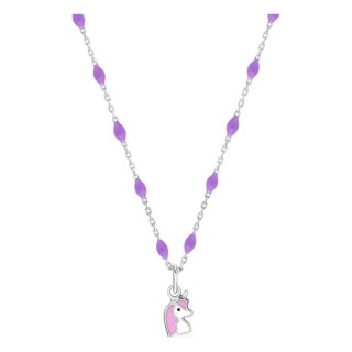 Collar infantil plata de ley 925 rodiada colgante unicornio y cadena fantasía con rombos de resina lavanda