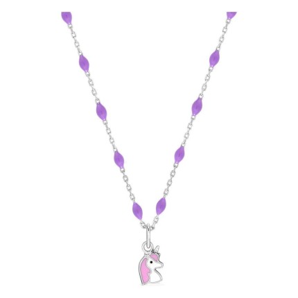 Collar infantil plata de ley 925 rodiada colgante unicornio y cadena fantasía con rombos de resina lavanda