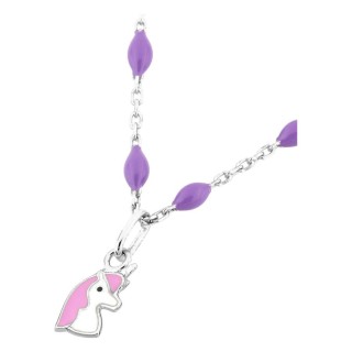 Collar infantil plata de ley 925 rodiada colgante unicornio y cadena fantasía con rombos de resina lavanda