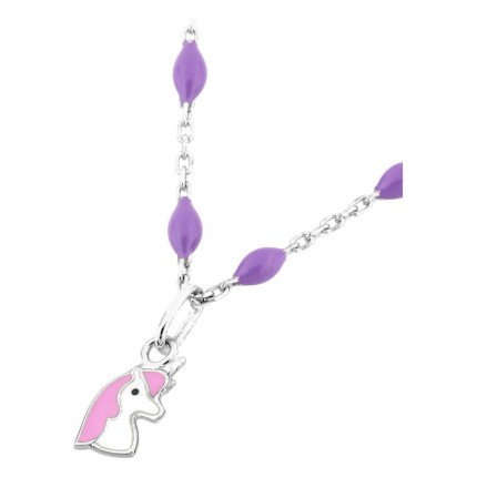Collar infantil plata de ley 925 rodiada colgante unicornio y cadena fantasía con rombos de resina lavanda