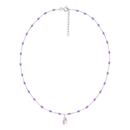 Collar infantil plata de ley 925 rodiada colgante unicornio y cadena fantasía con rombos de resina lavanda