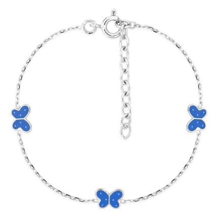 Pulsera infantil plata de ley 925 rodiada con mariposas lacadas azules