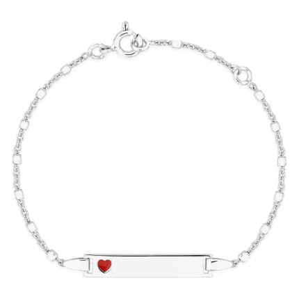 Pulseira bebé prata 925 rodiada chapa retangular e coração lacado vermelho com bolinhas