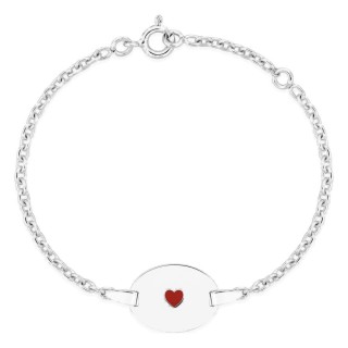 Esclava bebé plata de ley 925 rodiada placa ovalada y corazón lacado rojo