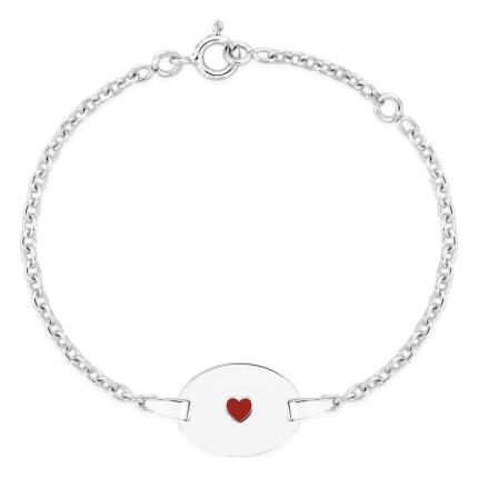 Esclava bebé plata de ley 925 rodiada placa ovalada y corazón lacado rojo