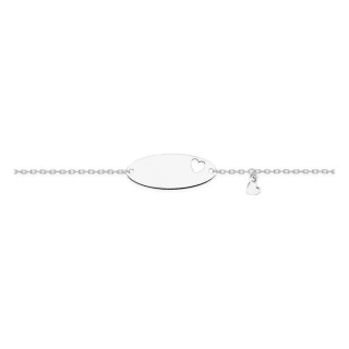 Pulseira bebé prata 925 rodiada chapa oval, coração vazado e pendente coração