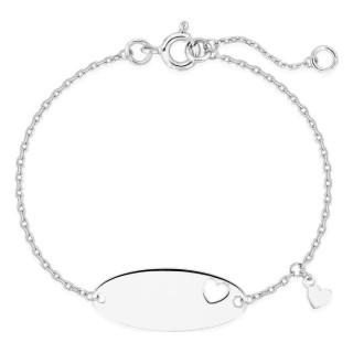 Pulseira bebé prata 925 rodiada chapa oval, coração vazado e pendente coração