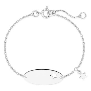 Pulseira bebé prata 925 rodiada chapa oval, estrela vazada e pendente estrela