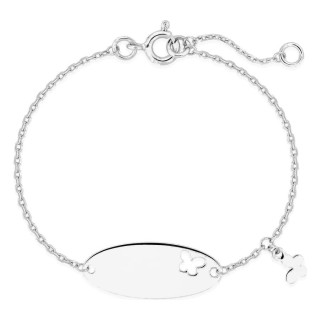 Pulseira bebé prata 925 rodiada chapa oval, borboleta vazada e pendente borboleta