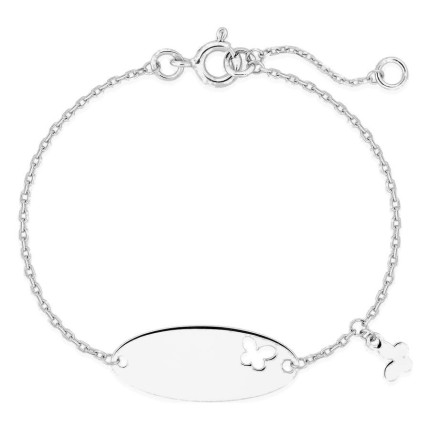 Pulseira bebé prata 925 rodiada chapa oval, borboleta vazada e pendente borboleta