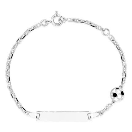 Esclava bebé plata de ley 925 rodiada placa ovalada y balón de fútbol lacado negro y blanco