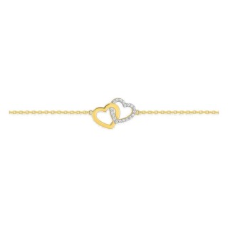 Pulsera corazón bañado en oro y corazón de rodio con circonitas entrelazados