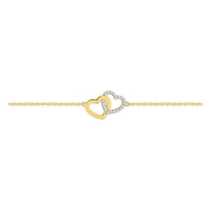 Pulsera corazón bañado en oro y corazón de rodio con circonitas entrelazados