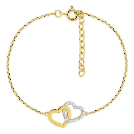 Pulsera corazón bañado en oro y corazón de rodio con circonitas entrelazados