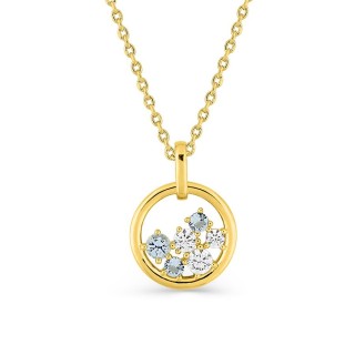 Collar chapado en oro con circonitas azul cielo y blancas y marco redondo