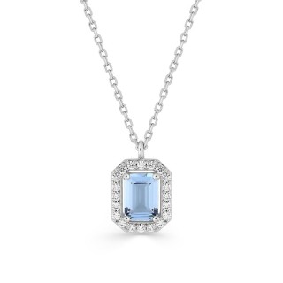 Collar de plata de ley 925 rodiada con circonita baguette azul cielo 7x5 mm y halo blanco