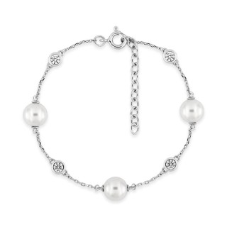 Pulseira em prata de lei 925 ródiada com pérolas de imitação de 7 mm e zircónias