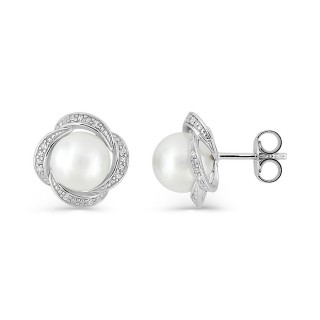 Pendientes de botón de plata de ley 925 rodiada con circonitas y perla de imitación de 8 mm
