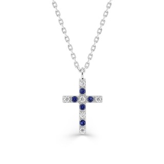 Collar cruz de plata de ley 925 rodiada con circonitas azul y blancas
