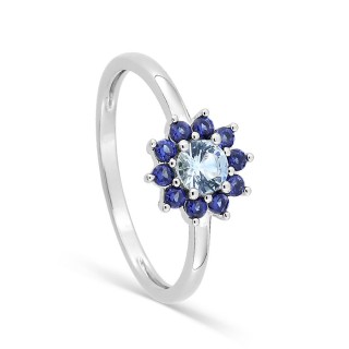 Anillo flor de plata de ley 925 rodiada con circonitas azul y azul cielo