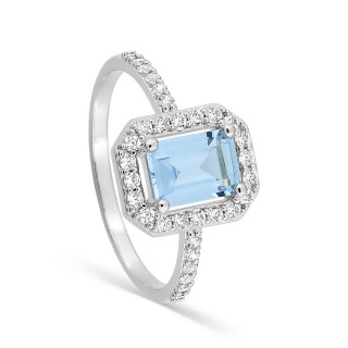 Anillo de plata de ley 925 rodiada con circonita rectangular azul cielo y halo blanco