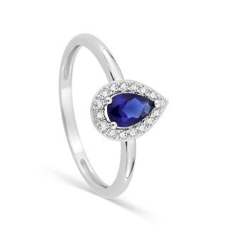 Anillo de plata de ley 925 rodiada con circonita azul 6x4 mm y halo