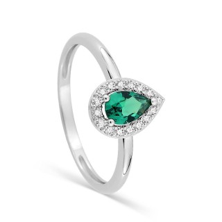 Anillo de plata de ley 925 rodiada con circonita verde 6x4 mm y halo