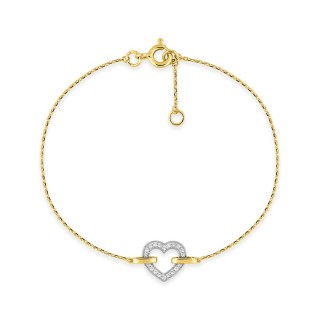 Pulseira coração em ouro amarelo 18K com zircónias e ródio