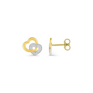 Pendientes de corazones entrelazados de oro amarillo y blanco 18K con diamantes 0,01 ct