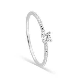 Anillo solitario de oro blanco 18K con aro perlado y diamante 0,10 ct