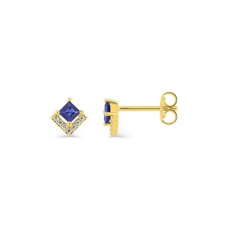 Pendientes de botón chapados en oro con circonita azul marino talla princesa