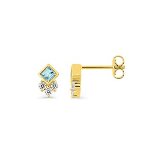 Pendientes de botón chapados en oro con circonitas azul cielo talla princesa y redondas